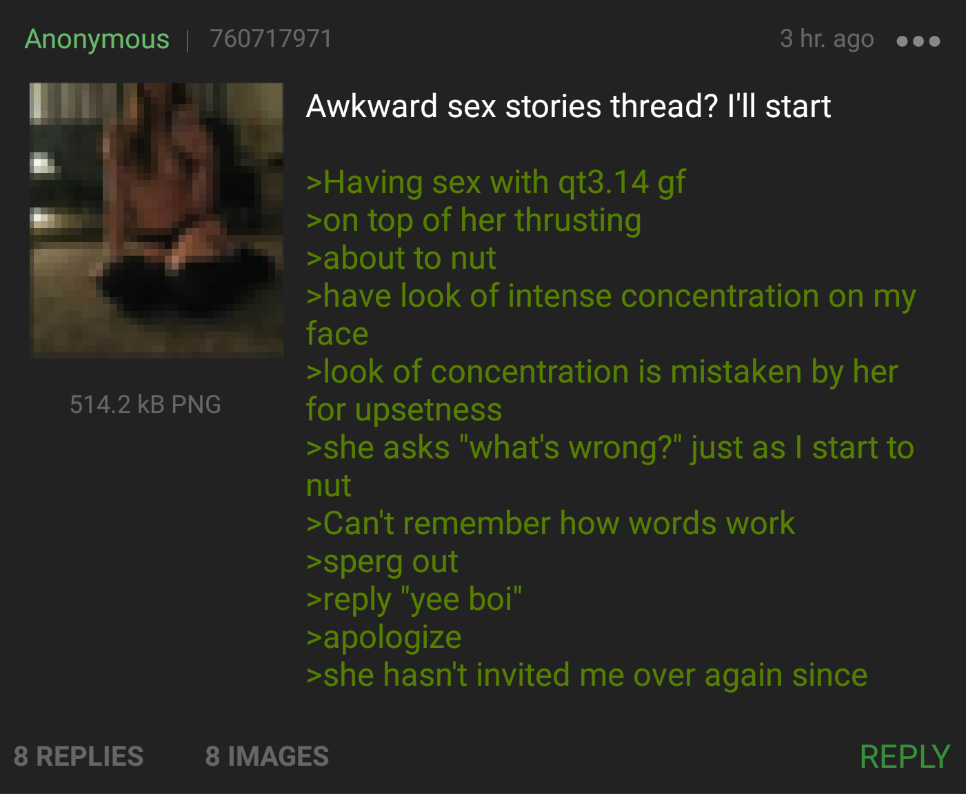 Anon failed his concentration check. Also, High quality pixelated thighs.