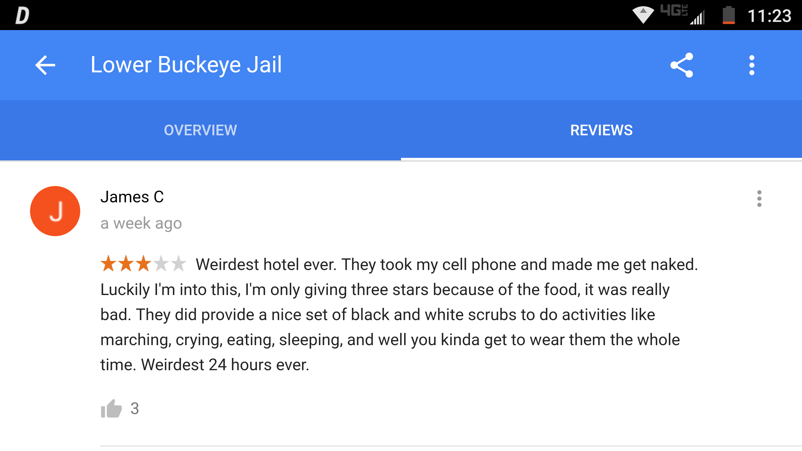 I wanted to see if people would actually write reviews for jail. Was not disappointed.