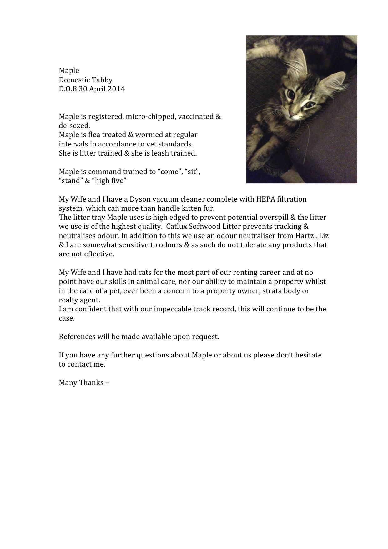 Back in 2014 my husband and I were required to make a resume for our kitten to rent an apartment. We found it tonight and haven't stopped laughing.