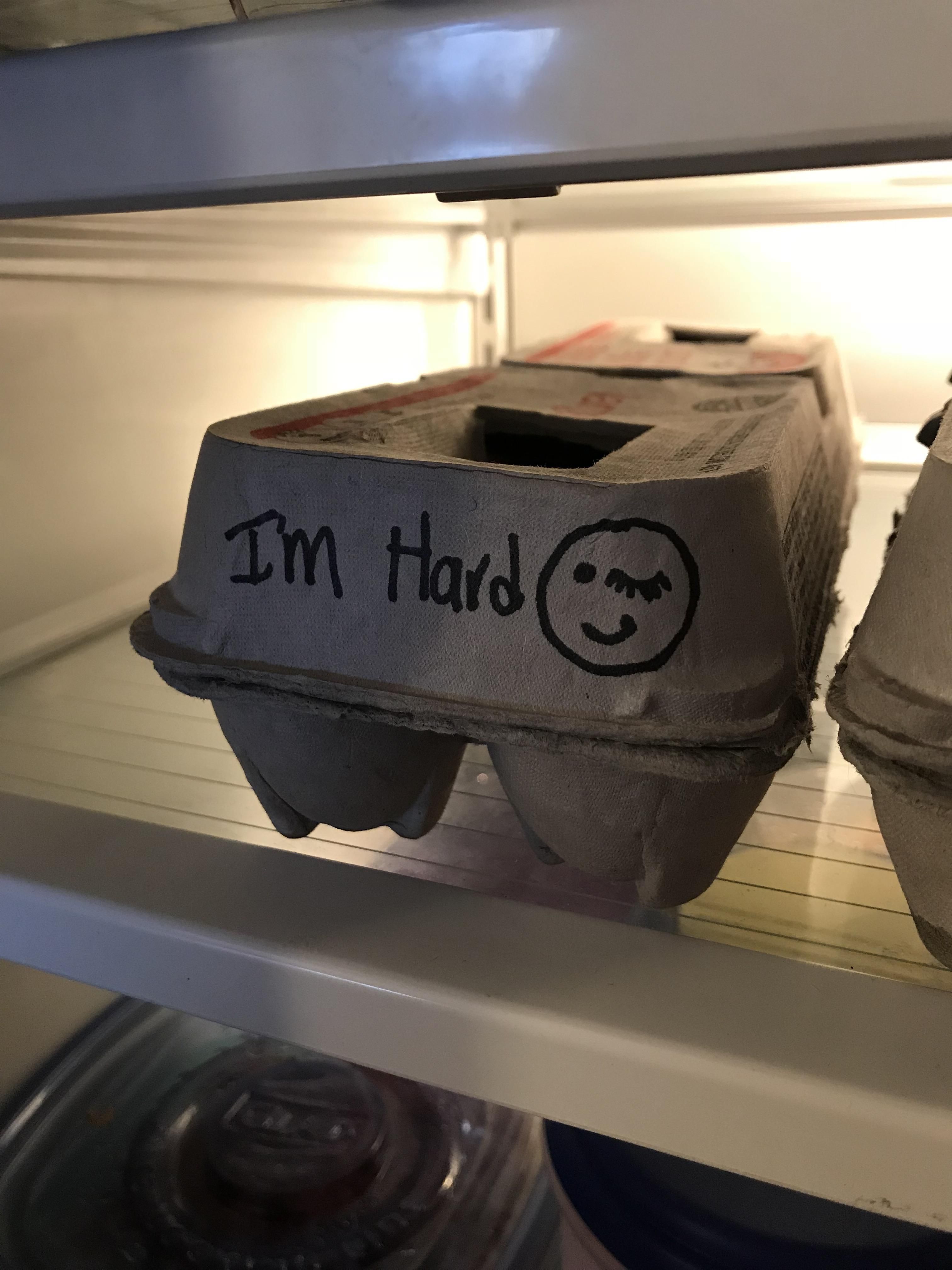 I knew my wife made some hard boiled eggs yesterday, opened the fridge this morning to this..
