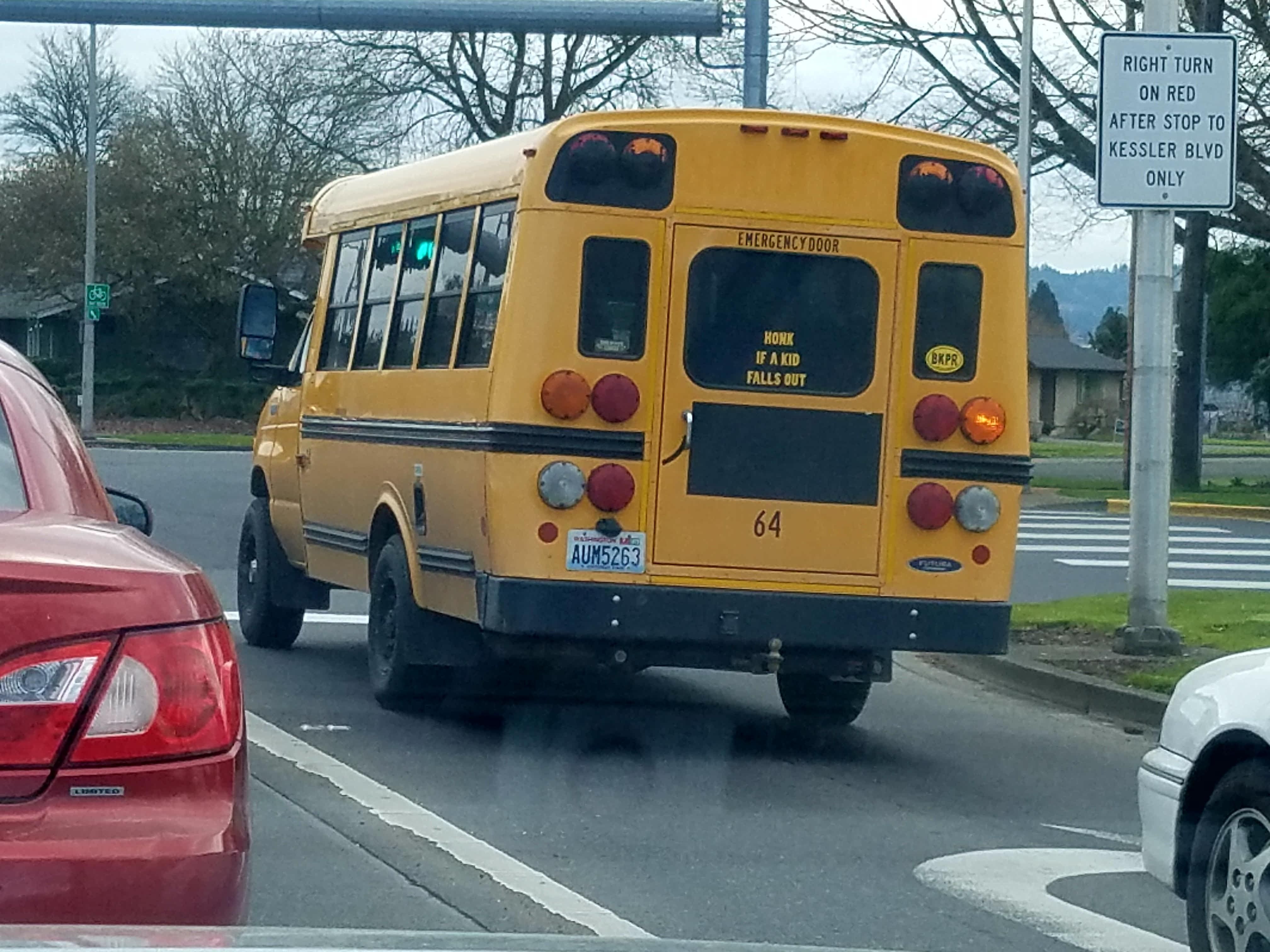 This sticker on the back of this school bus I saw today.