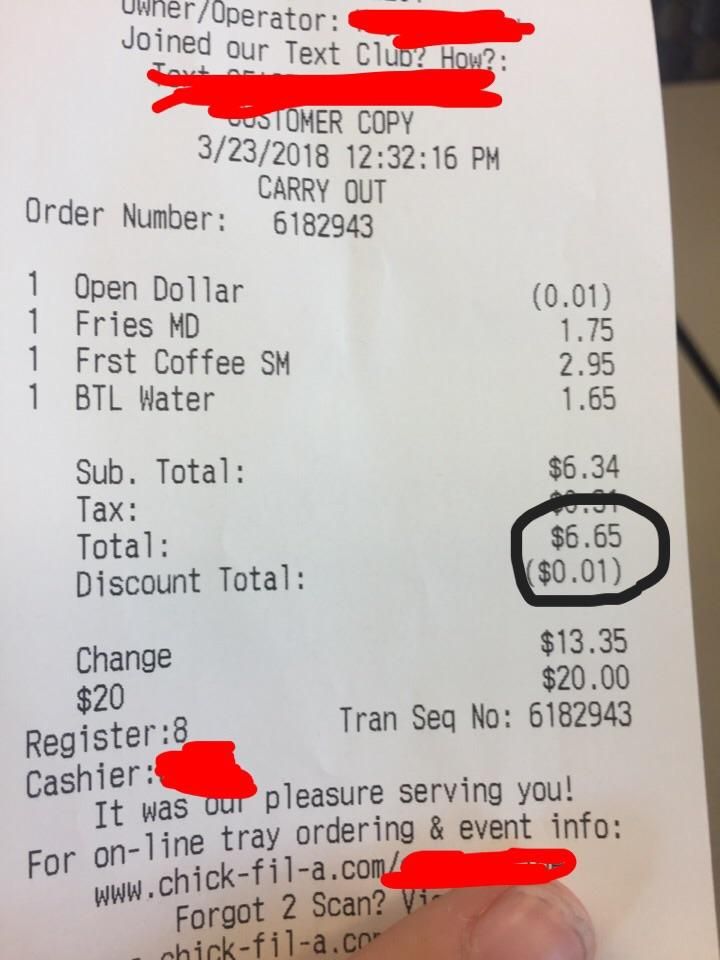 The chickfila cashier was so religious that they gave a 1 cent discount to keep the total from being 6.66.