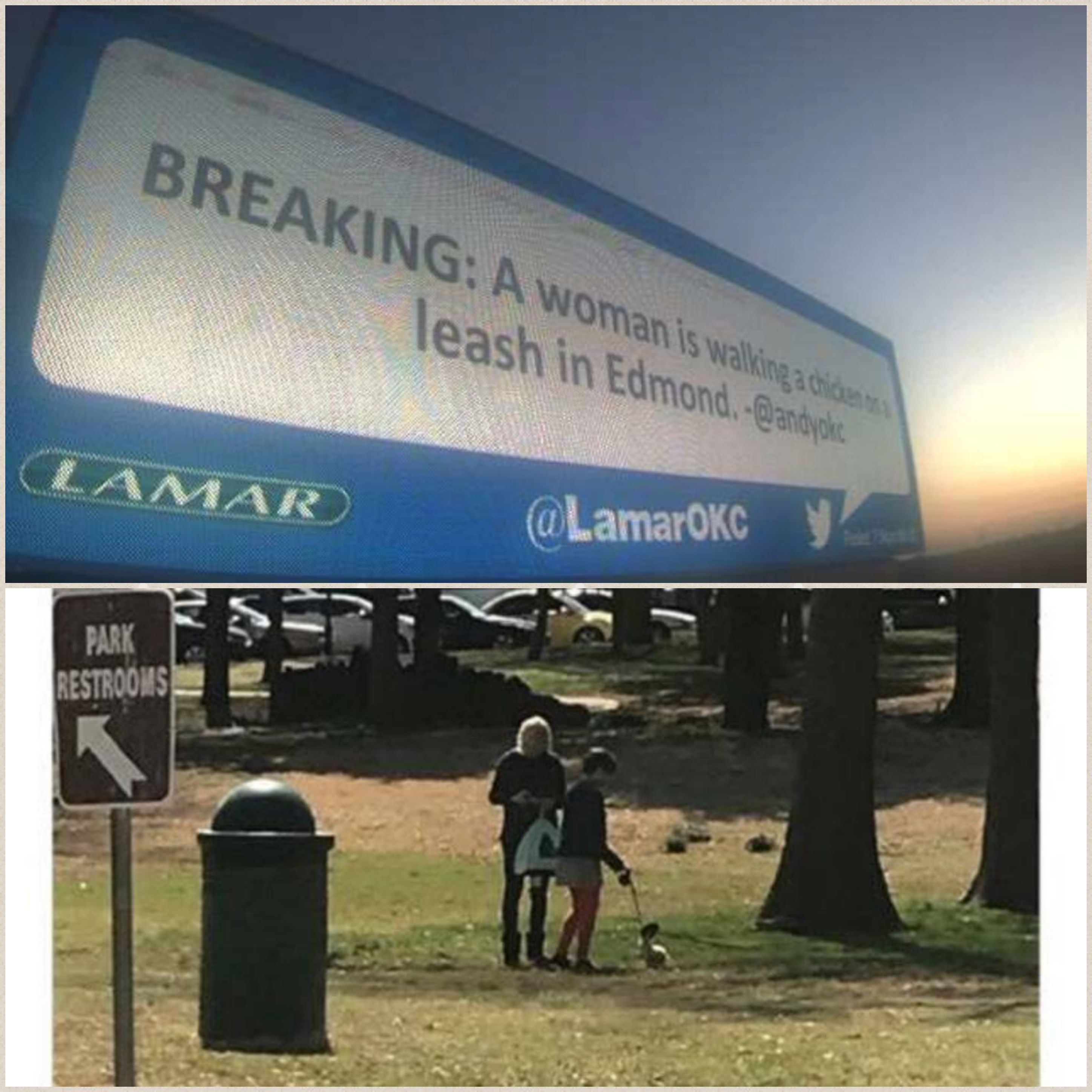 So my daughter bought a leash for her chicken and took it for a walk in the park. Someone took notice and tweeted it to this billboard