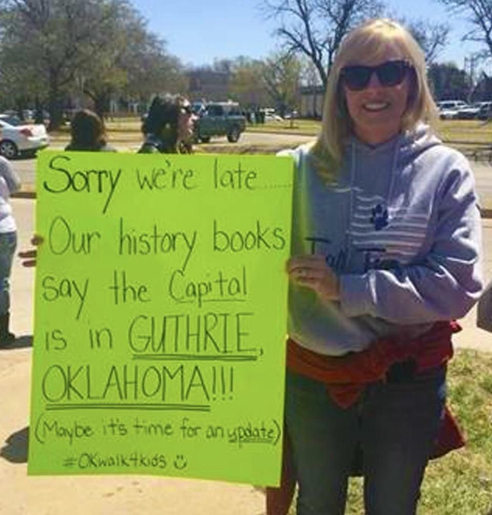 My favorite sign from the teacher walkout in Oklahoma. Guthrie was the original state capital of Oklahoma.
