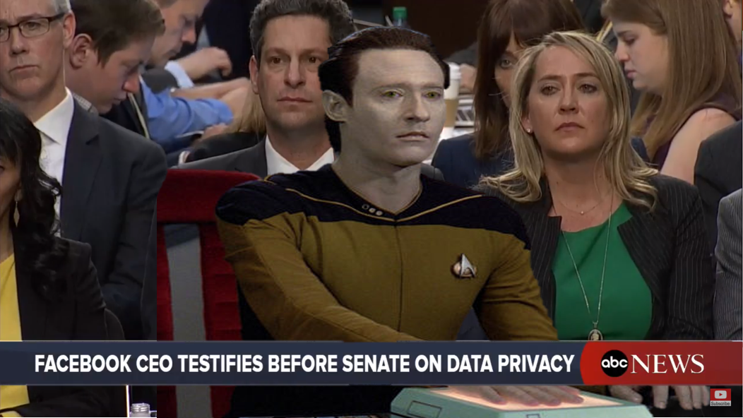 Under heavy fire from Congress today, Data claims he was never "mishandled" by Facebook.