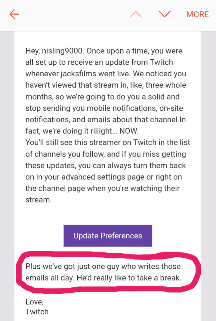 Notification email from Twitch