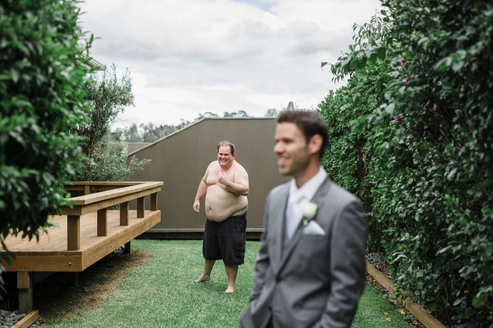 I was groomsman at a friends wedding and the photos just came back. I’d forgotten about this photobomb. The photographer was in tears laughing. This is from pre-wedding.