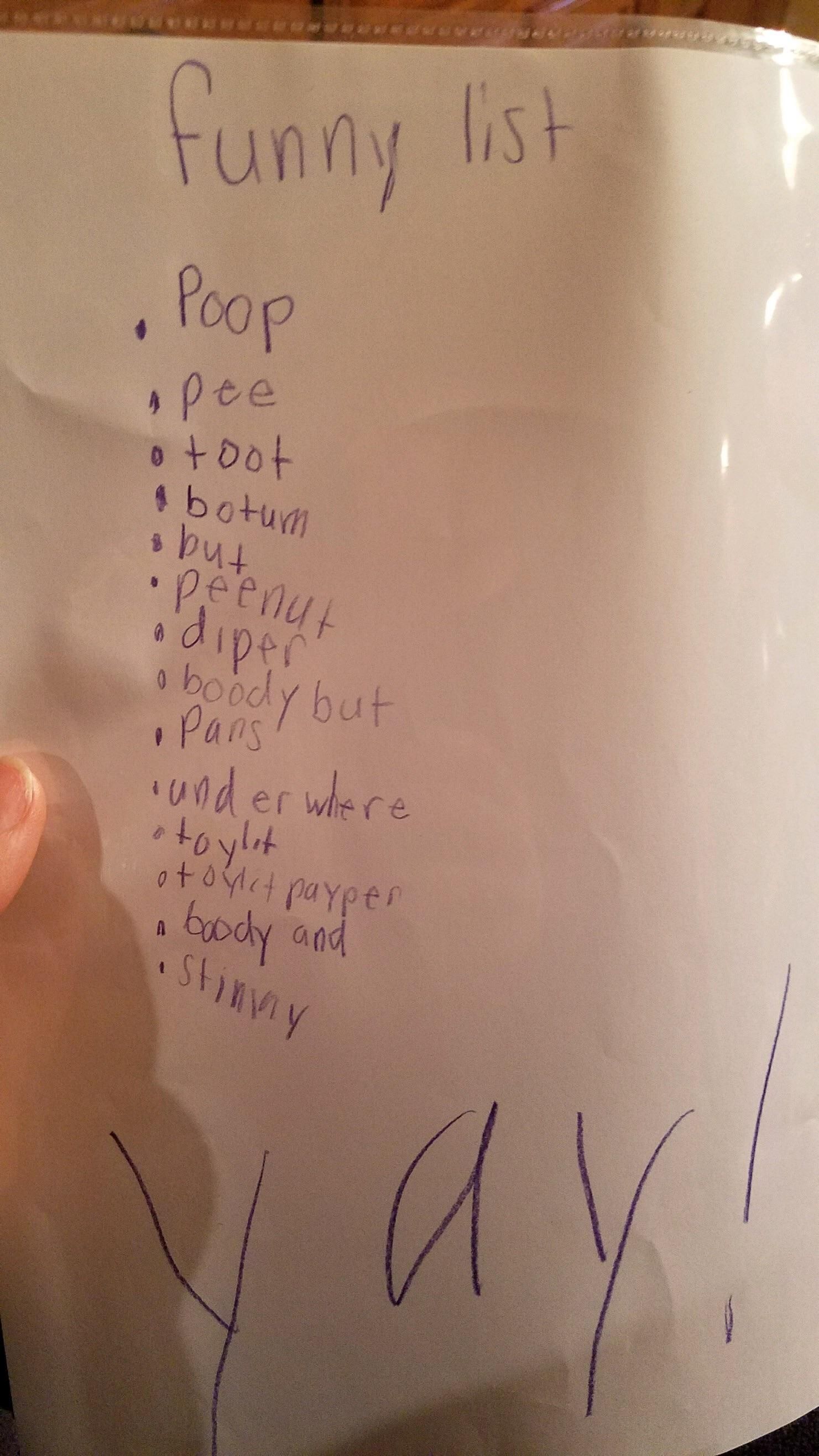 My 6 year old niece made a list of things that are funny. I figured I’d post it here as a reference sheet for the internet.
