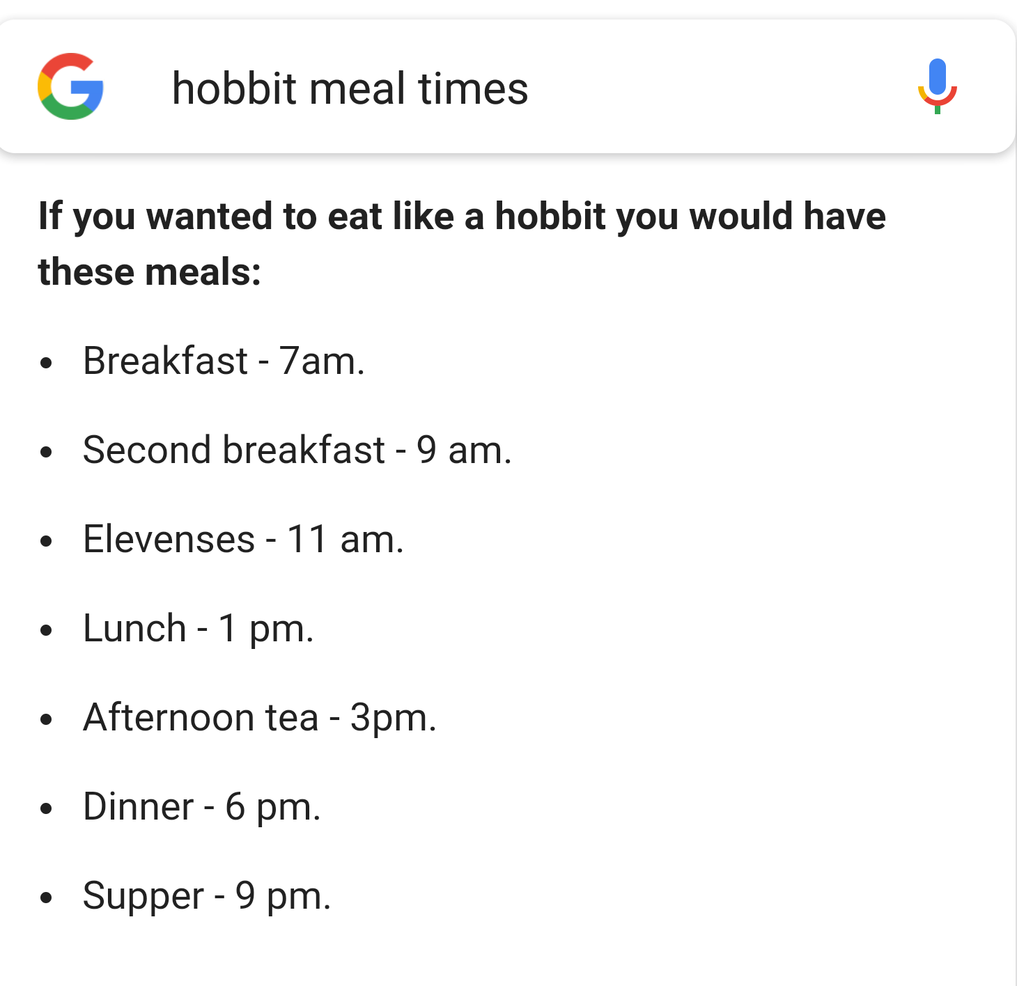 Google tells you Hobbit meal times.