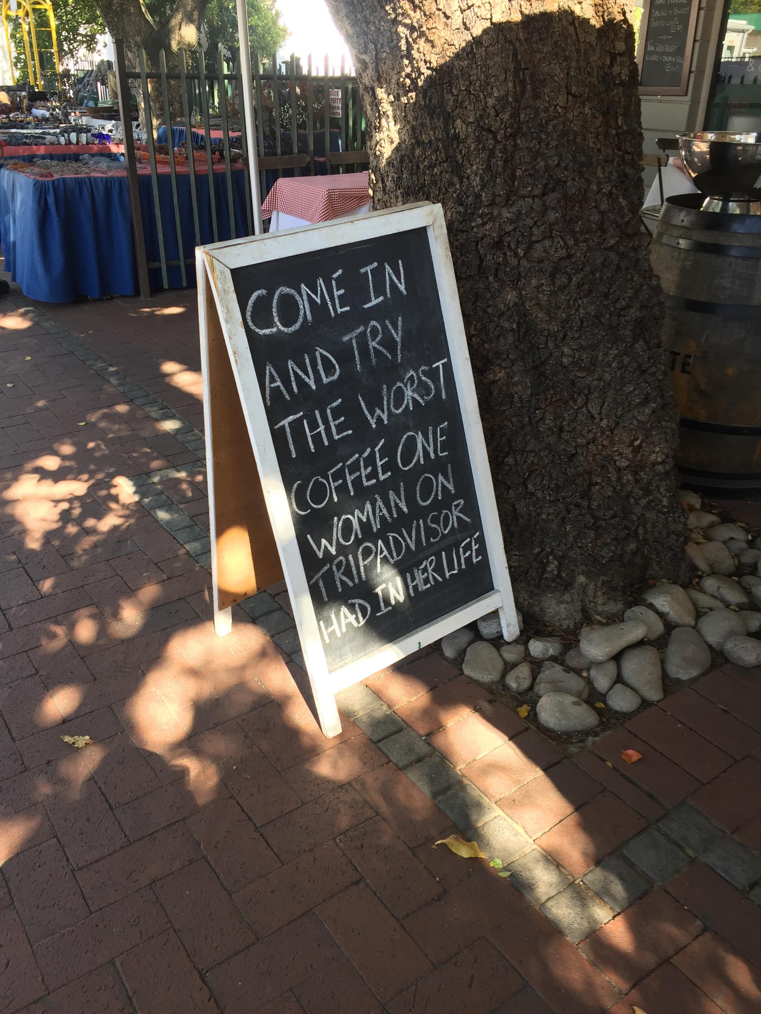 A sign at a coffee shop in Franschhoek