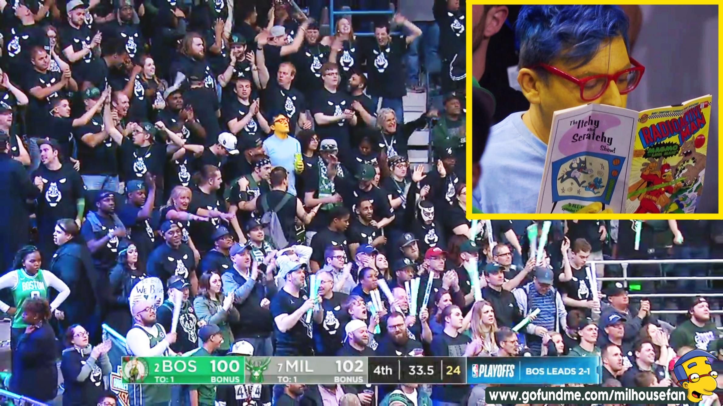 There was a dude dressed as Milhouse from The Simpsons at the Bucks/Celtics game reading a Radioactive Man comic and drinking a Squishee. Now that's some commitment.