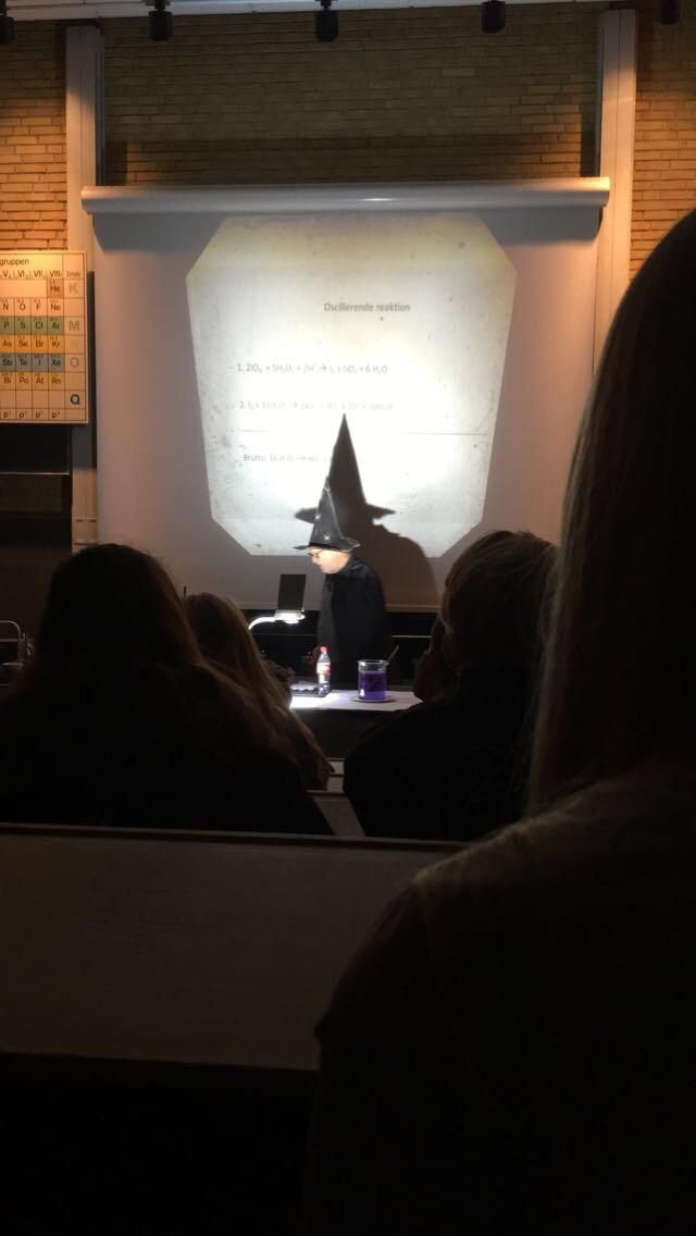 Our professor wears his hat and cape every time he conducts an experiment