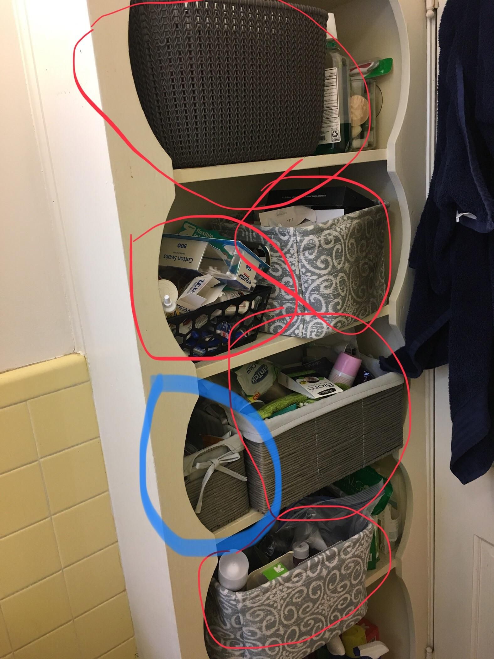 My girlfriend and I share storage space in our bathroom. The baskets circled in red belong to her. The basket in blue is mine.