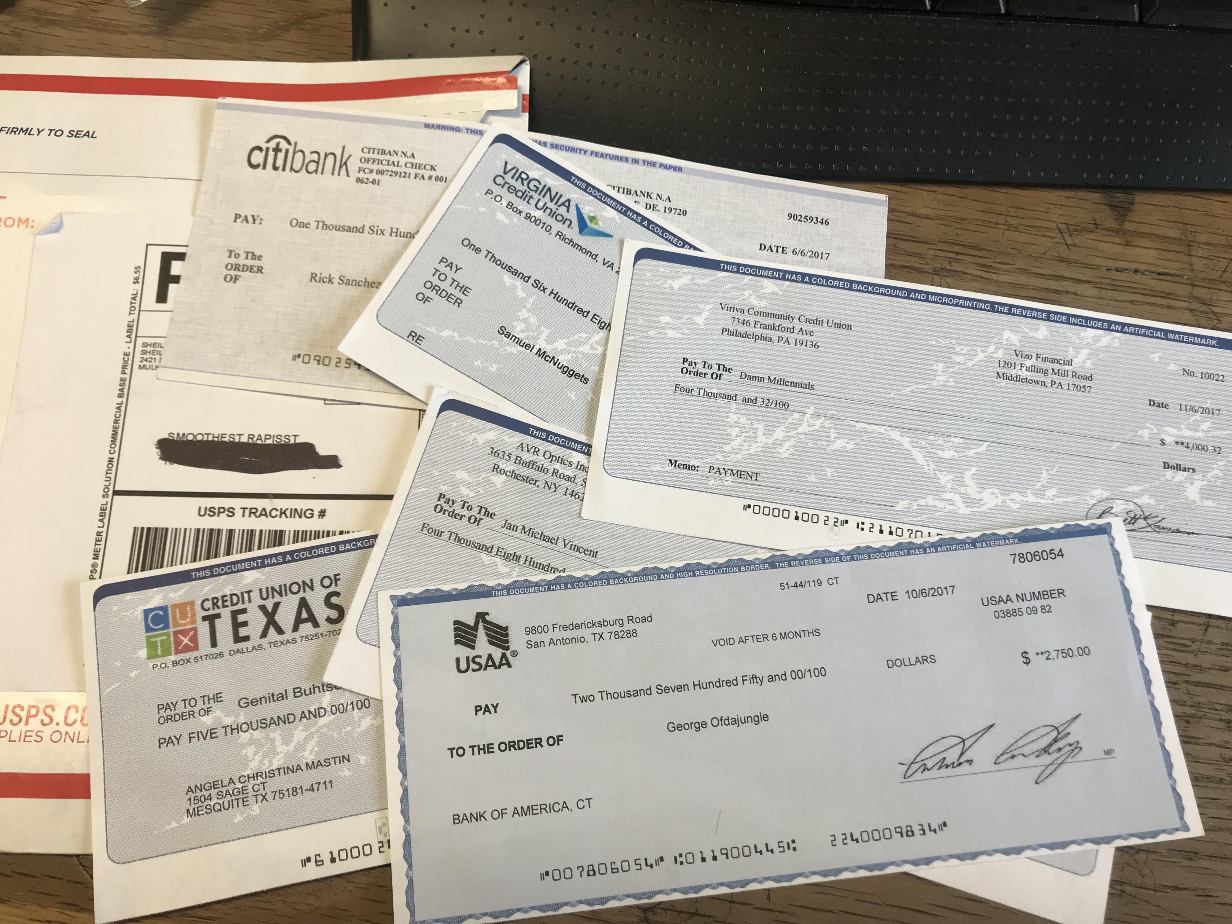 I love messing with Craigslist Scammers. They offer to purchase my items with fake checks, so I have them send me fake checks.