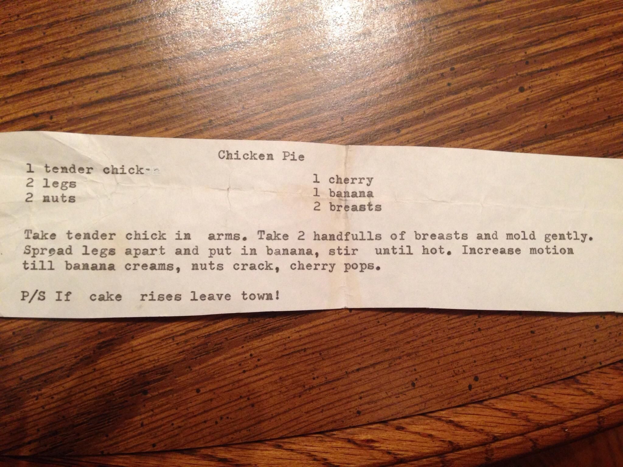 Found this excellent recipe for chicken pie in my grandfathers wallet while going through his stuff after he died