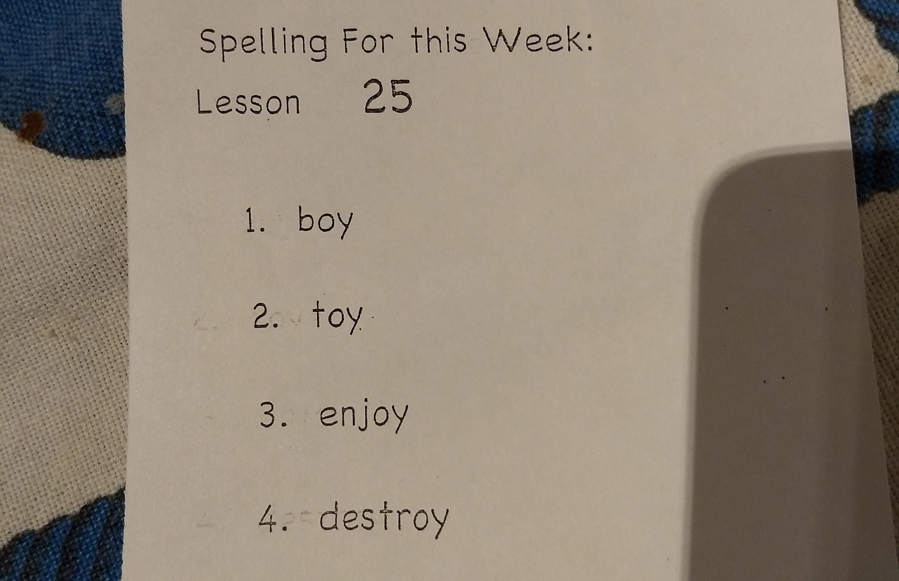 My daughter's spelling list this week.