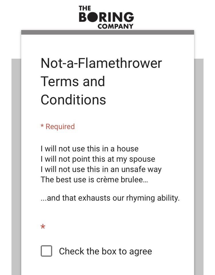 The terms and conditions for the “Not-a-Flamethrower