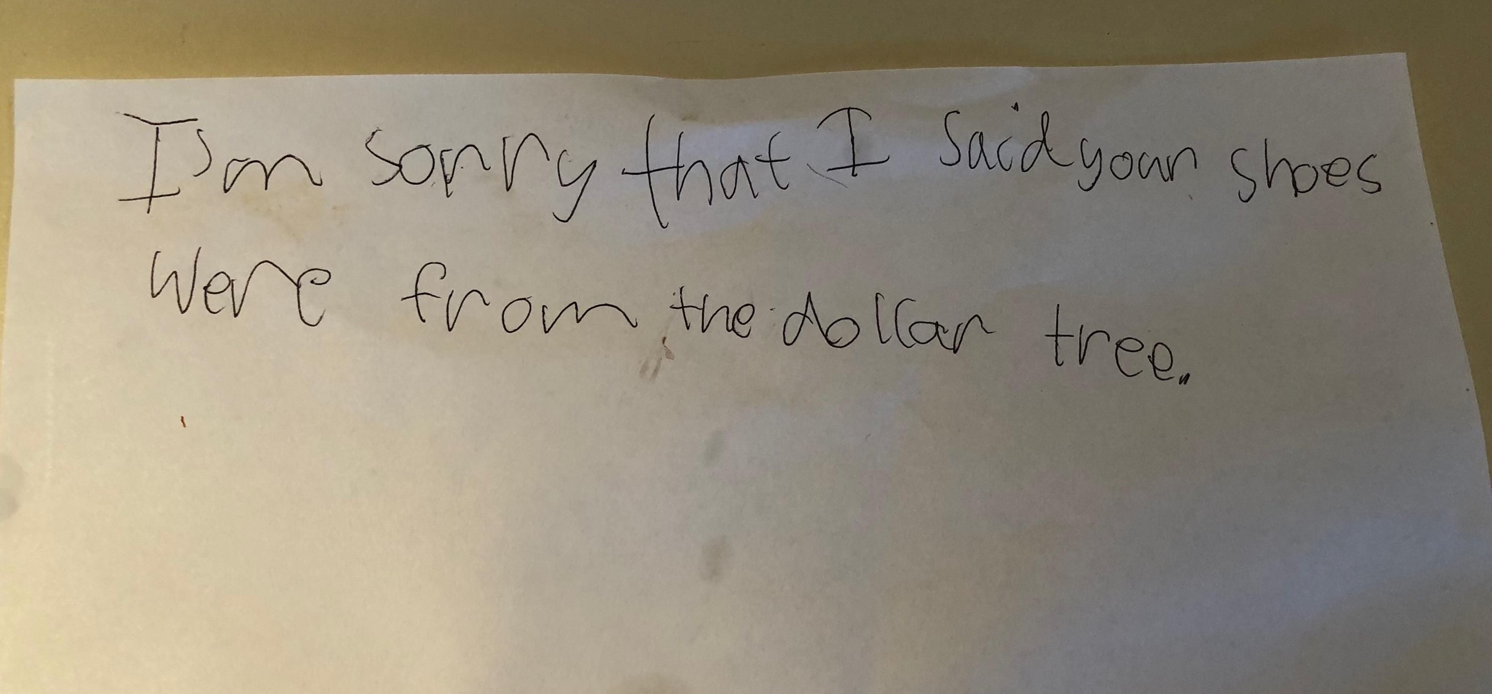 My Godson's apology note...
