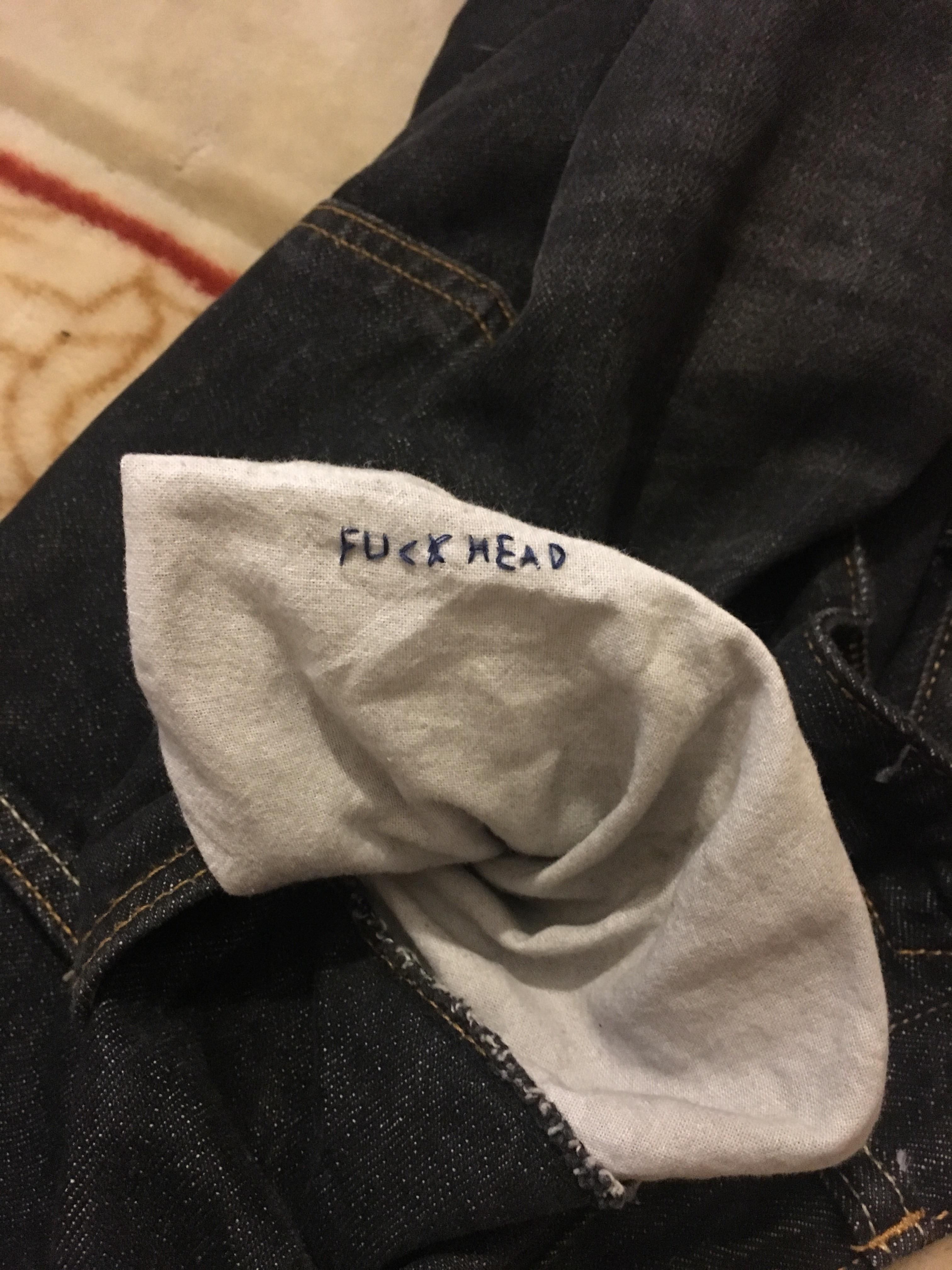 The other day my partner offered to sew up a hole in my pocket. This morning I checked it and found this stitched into it...