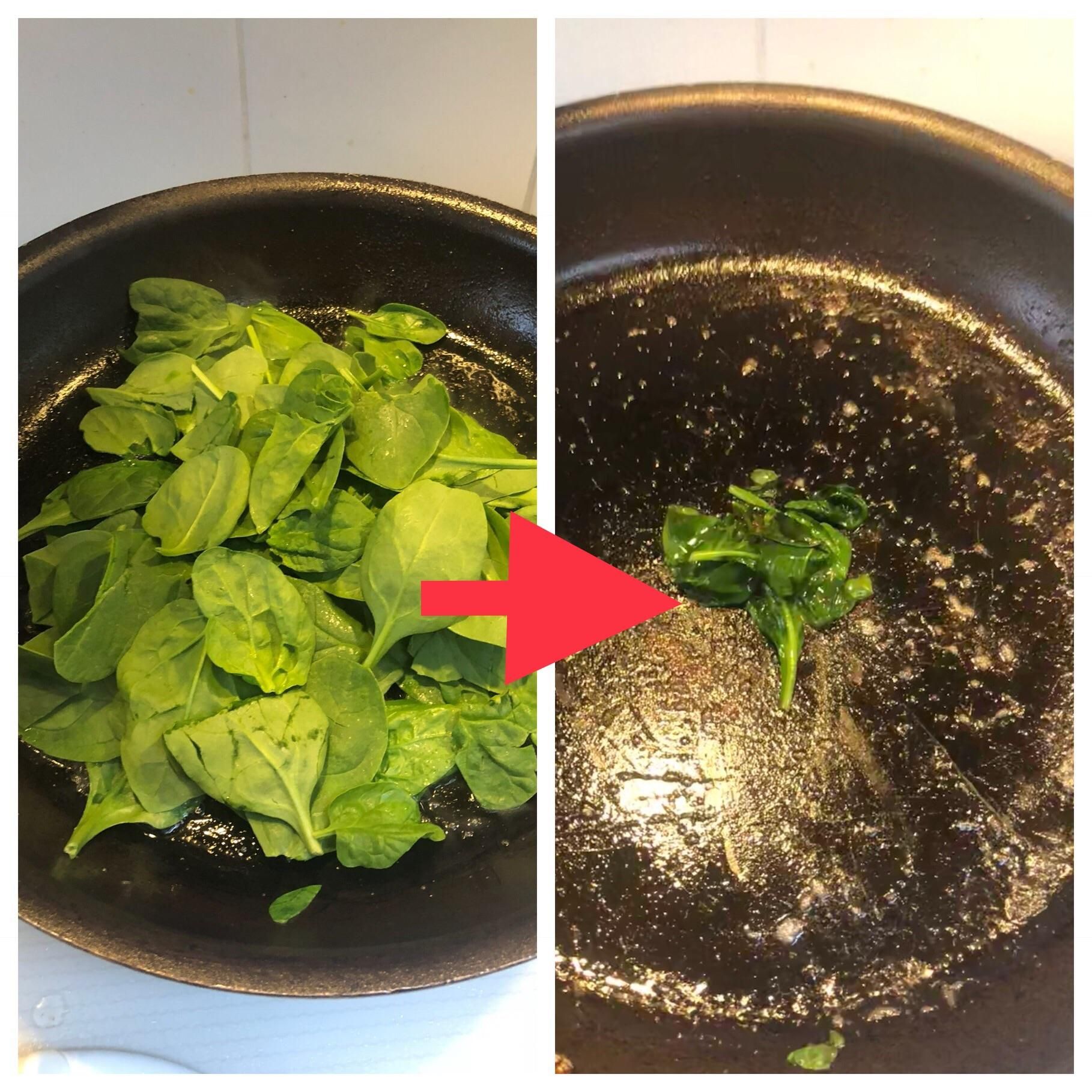 Before and after Sautéing spinach
