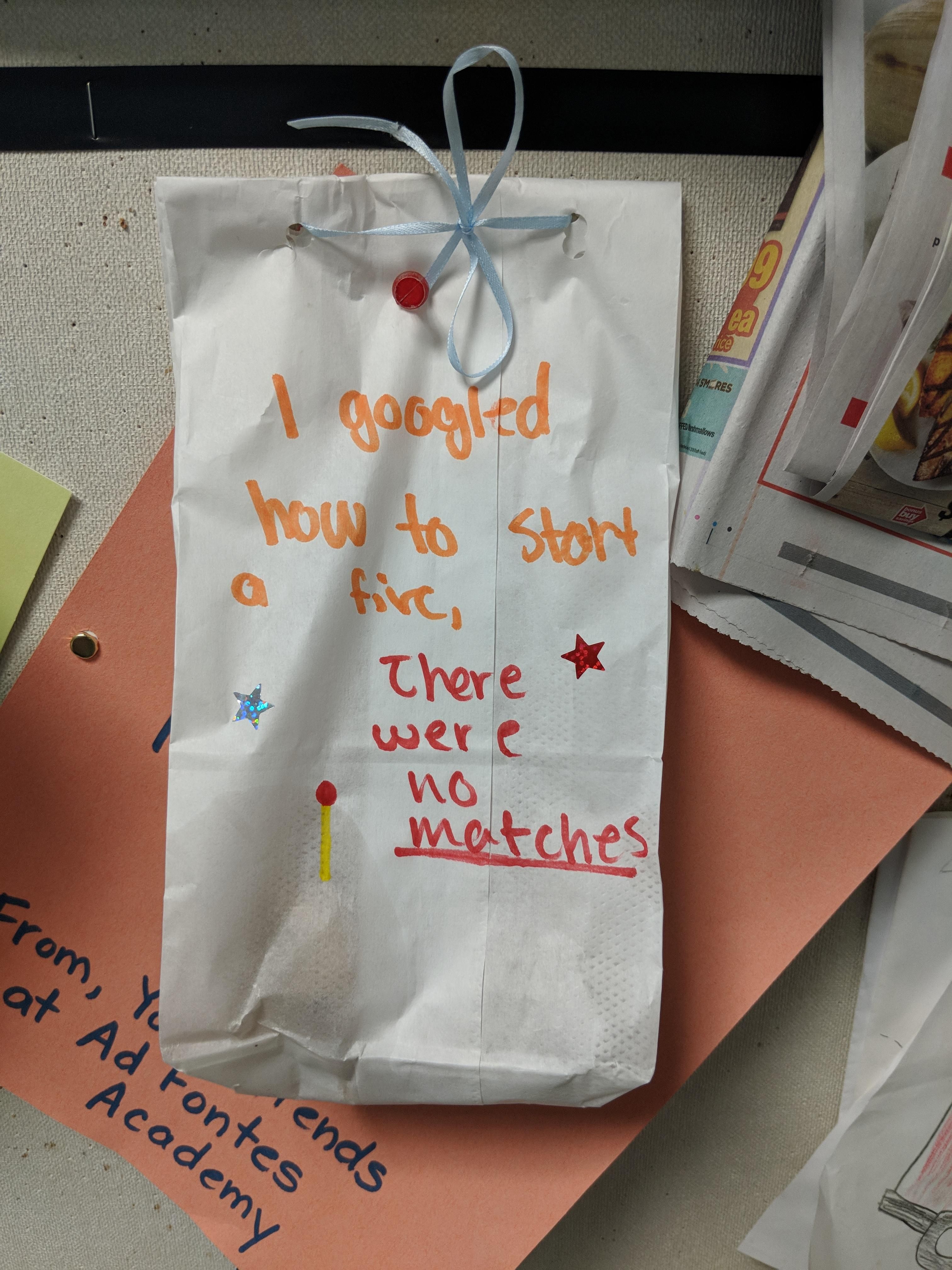 Kid from a local elementary school were asked to bake assorted cookies, put them in a bag, and write something to the firefighters at the nearby firehouse on the bag...