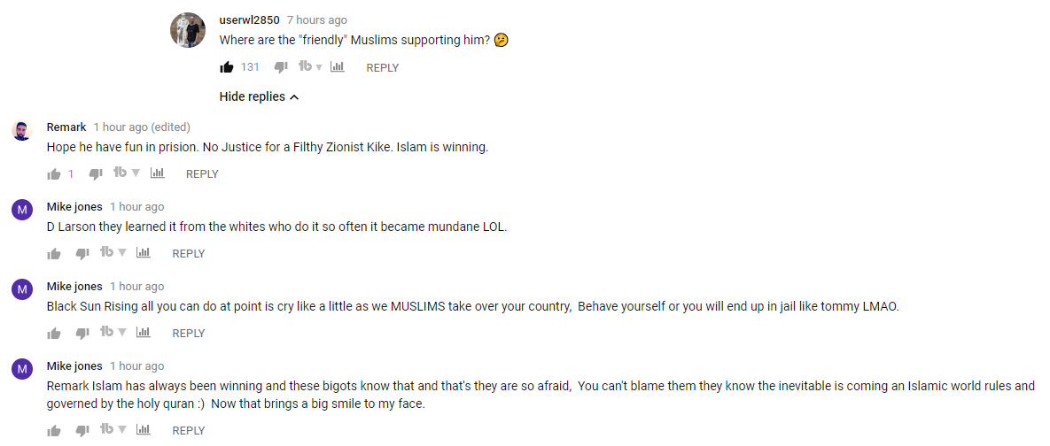Tommy Robinson jailed and muslim comments underneath