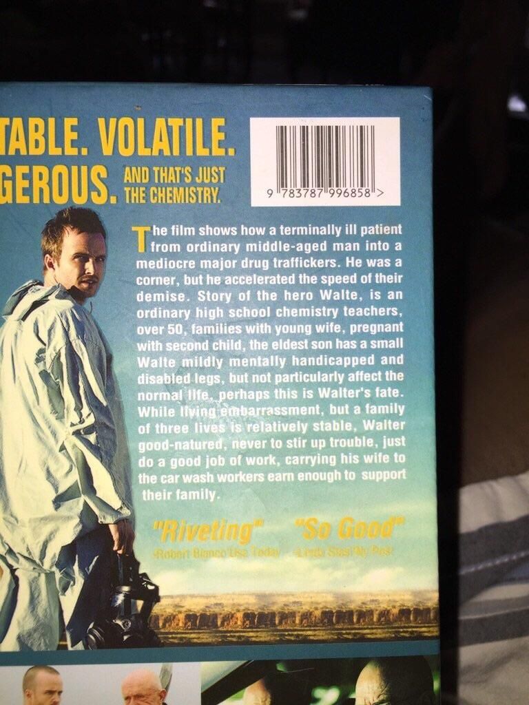 This summary of “Breaking Bad“, found on a Chinese DVD set, really is something else