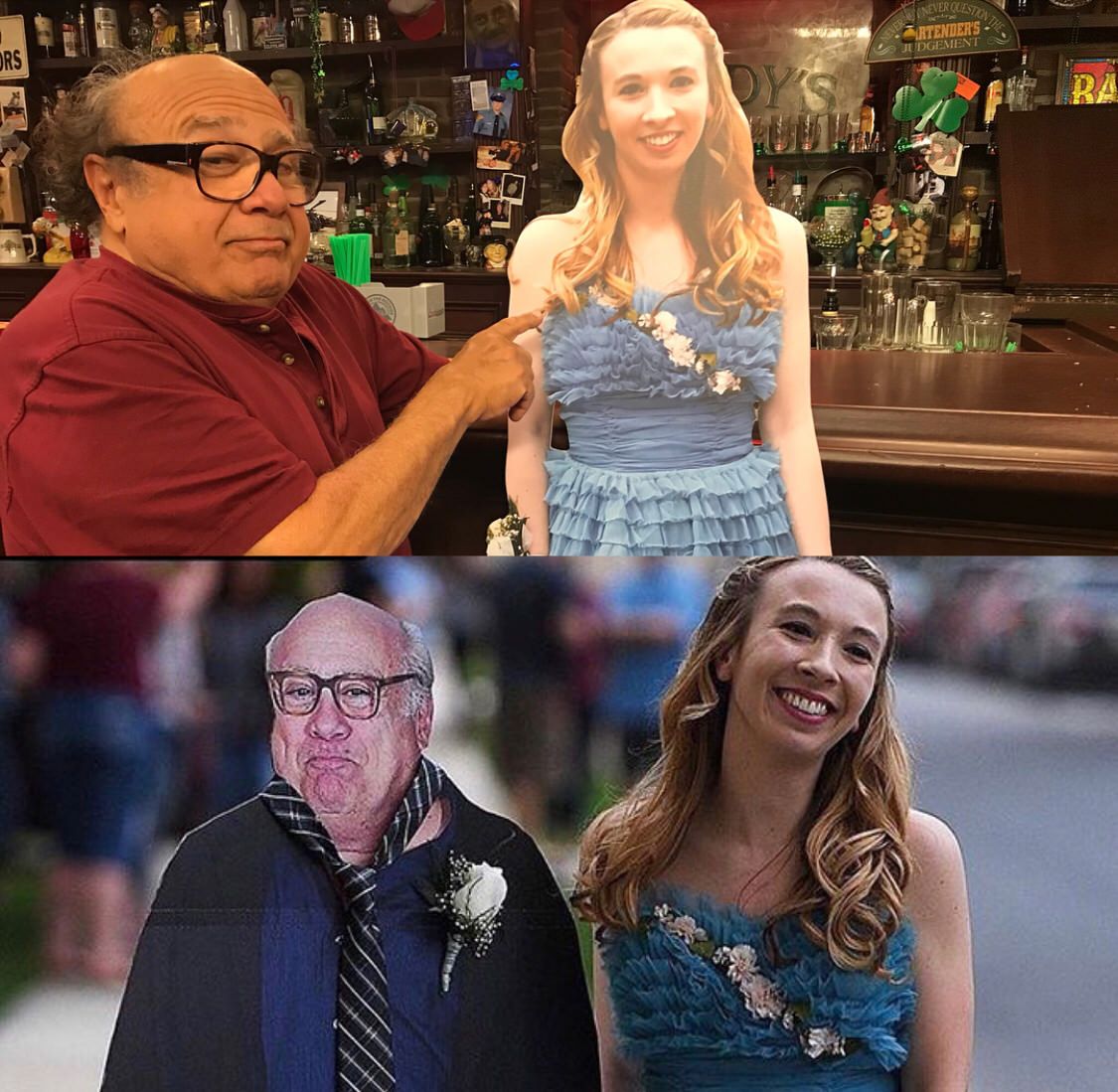 Girl takes cardboard cutout of Danny DeVito to prom, so Danny DeVito takes cardboard cutout of the girl to Paddy’s Pub