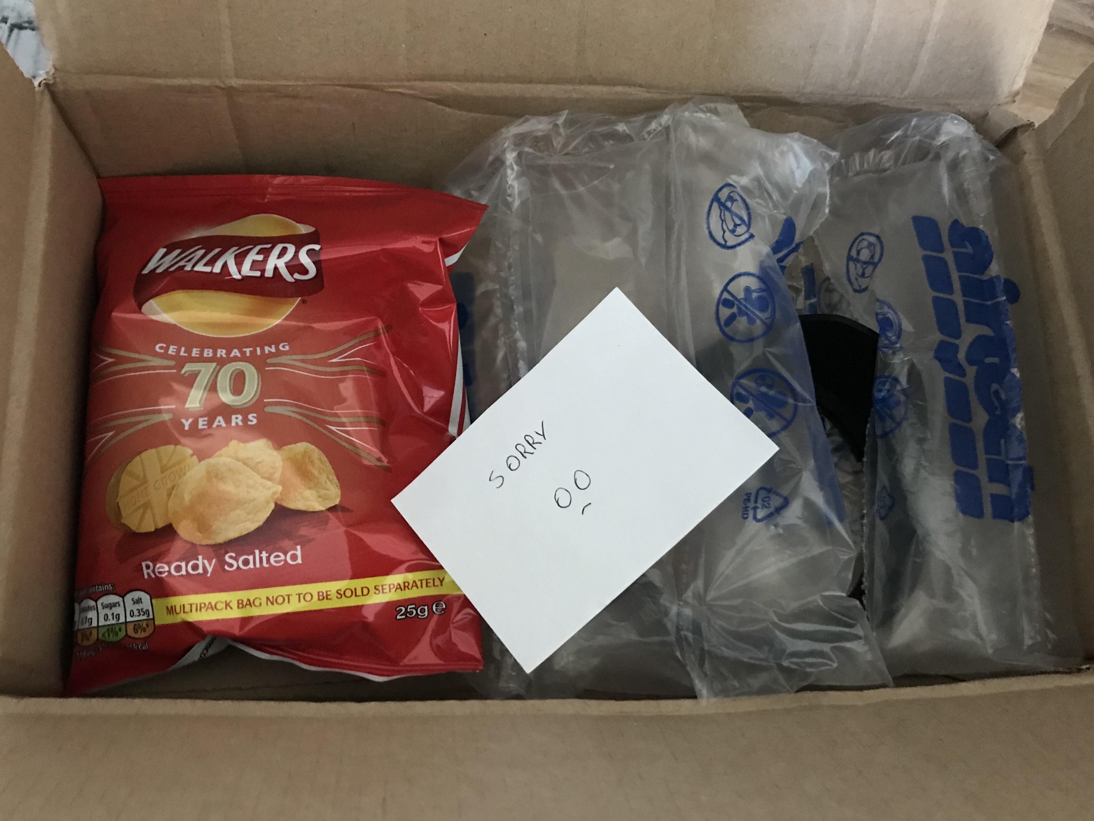 Ordered a lens on eBay. Seller forgot to send the lens hood with it and sent it out separately. Sent me a note and a packet of crisps. What a legend!
