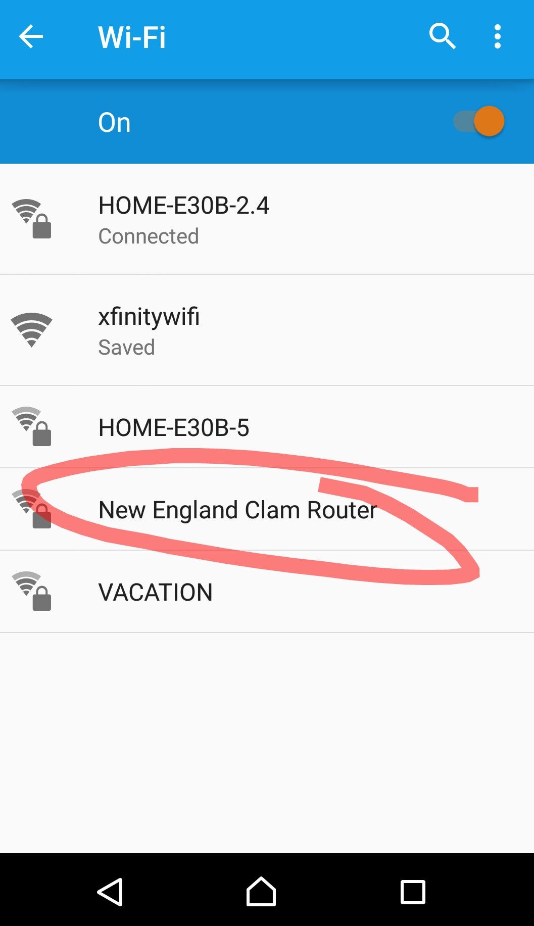 Vacationing on Cape Cod. Impressed with the neighbor's network name.