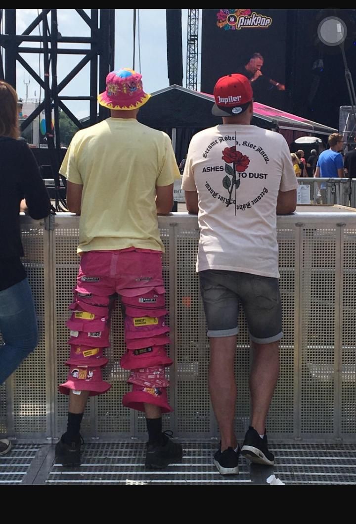 This guy made pants from all the festival hats from previous years