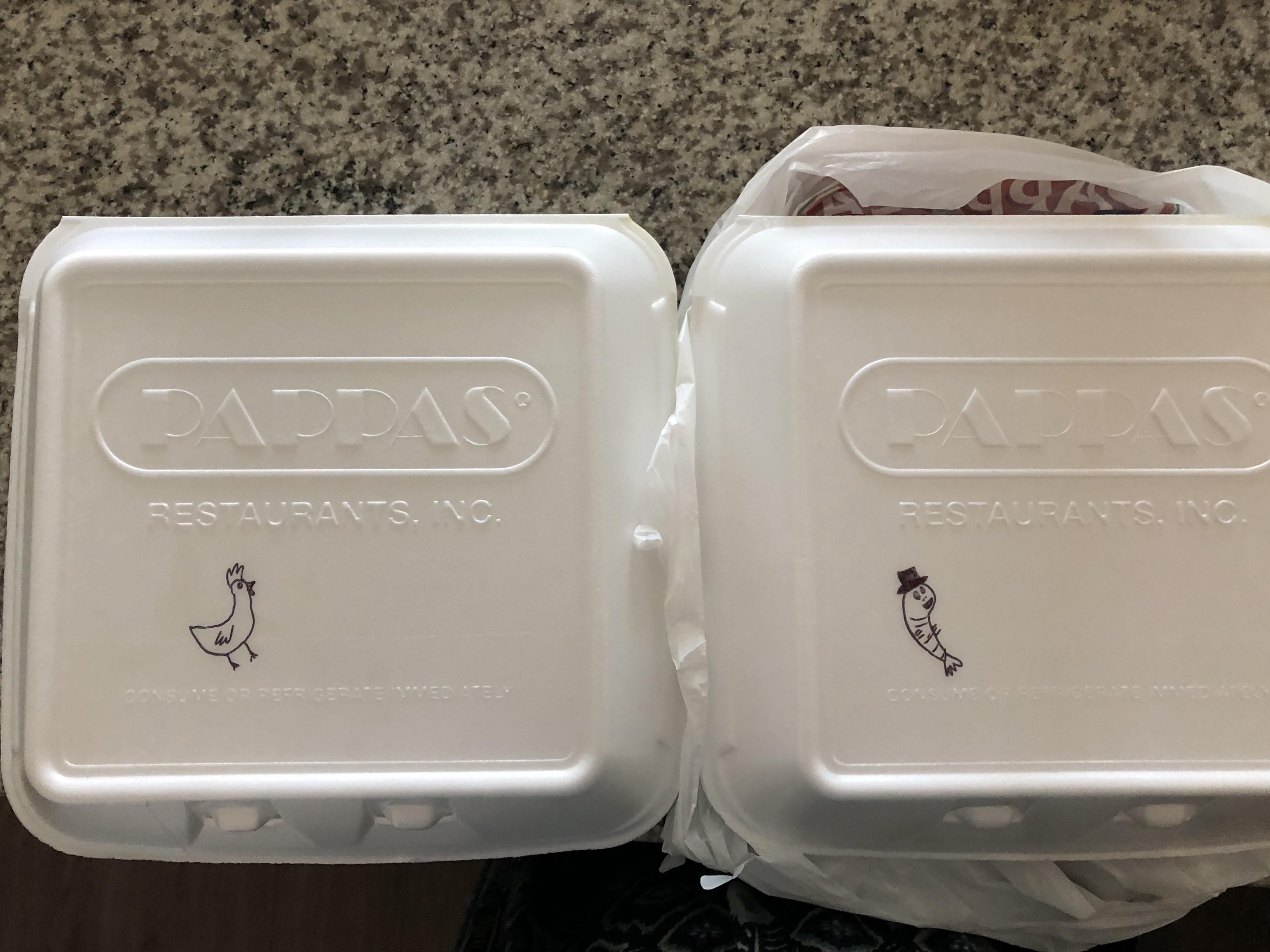 Our server at Pappadaux’s labeled our to-go boxes for us.