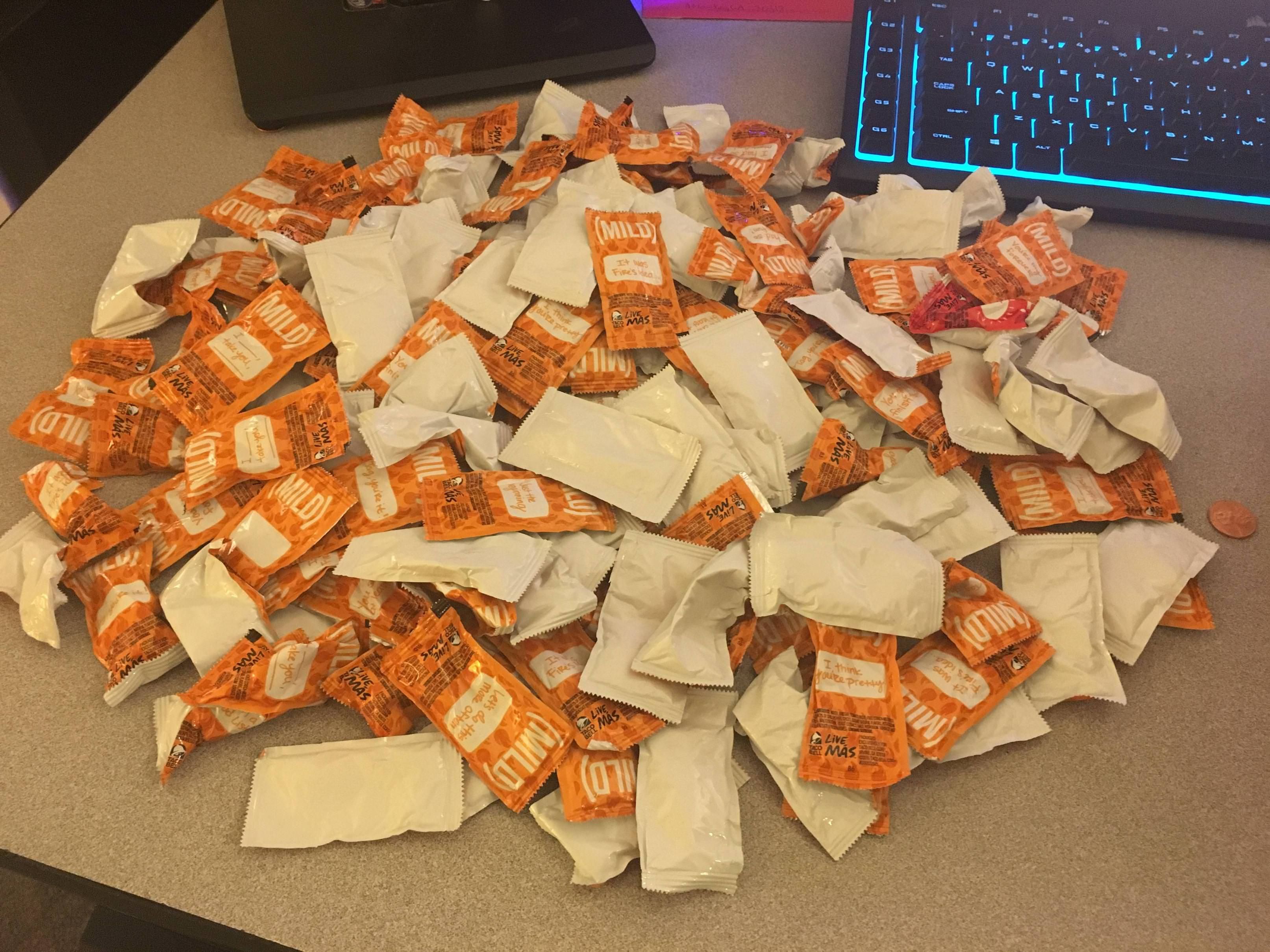 When you ask for "as much mild sauce as you can give me without getting fired". 175 packets.