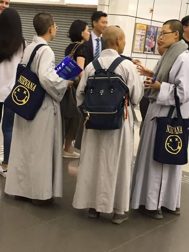 Monks with “nirvana” merchandise