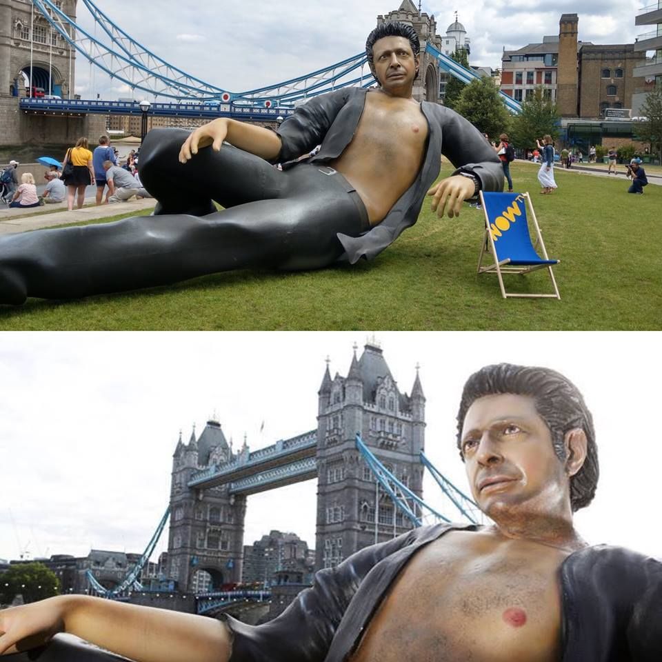 A 25ft statue of Jeff Goldblum emerged in London to celebrate 25 years of Jurassic Park
