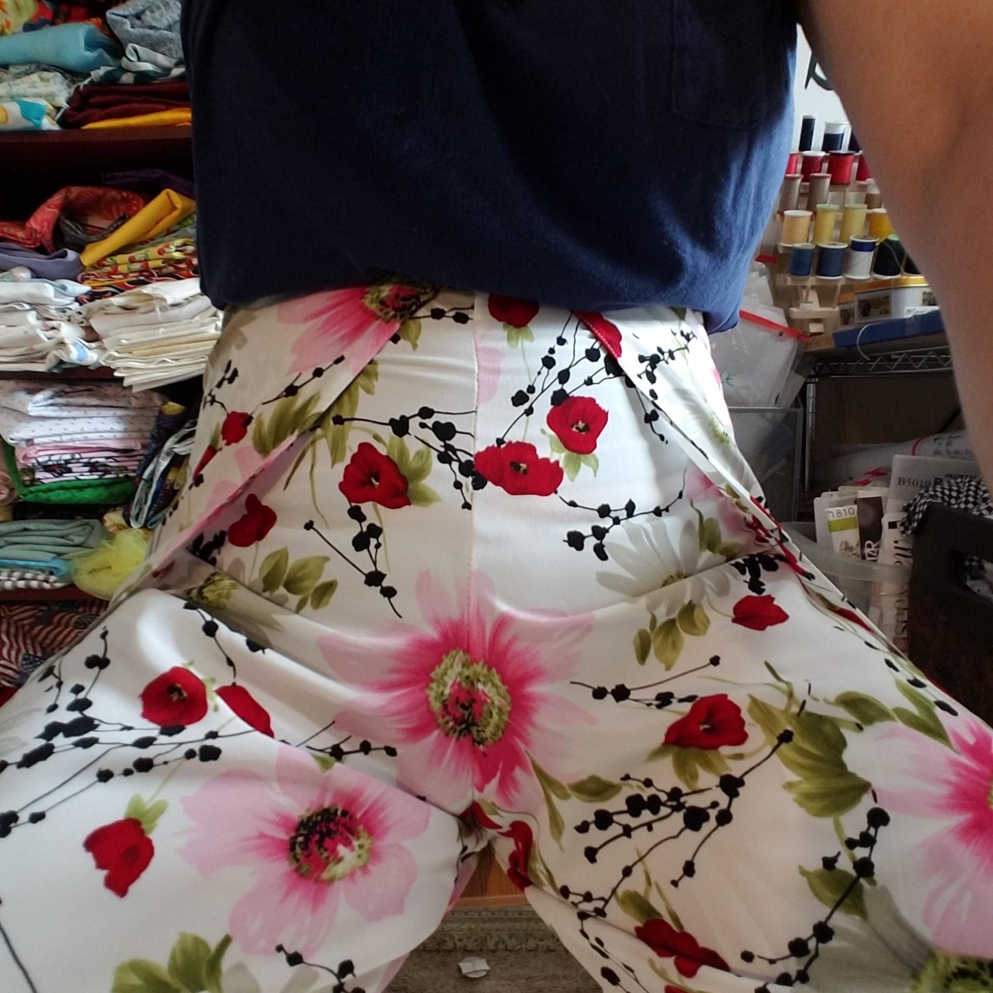 While trying on a pair of wrap pants that I'm halfway through making, I noticed...a flower...on my vagina. Pattern placement problems are real.