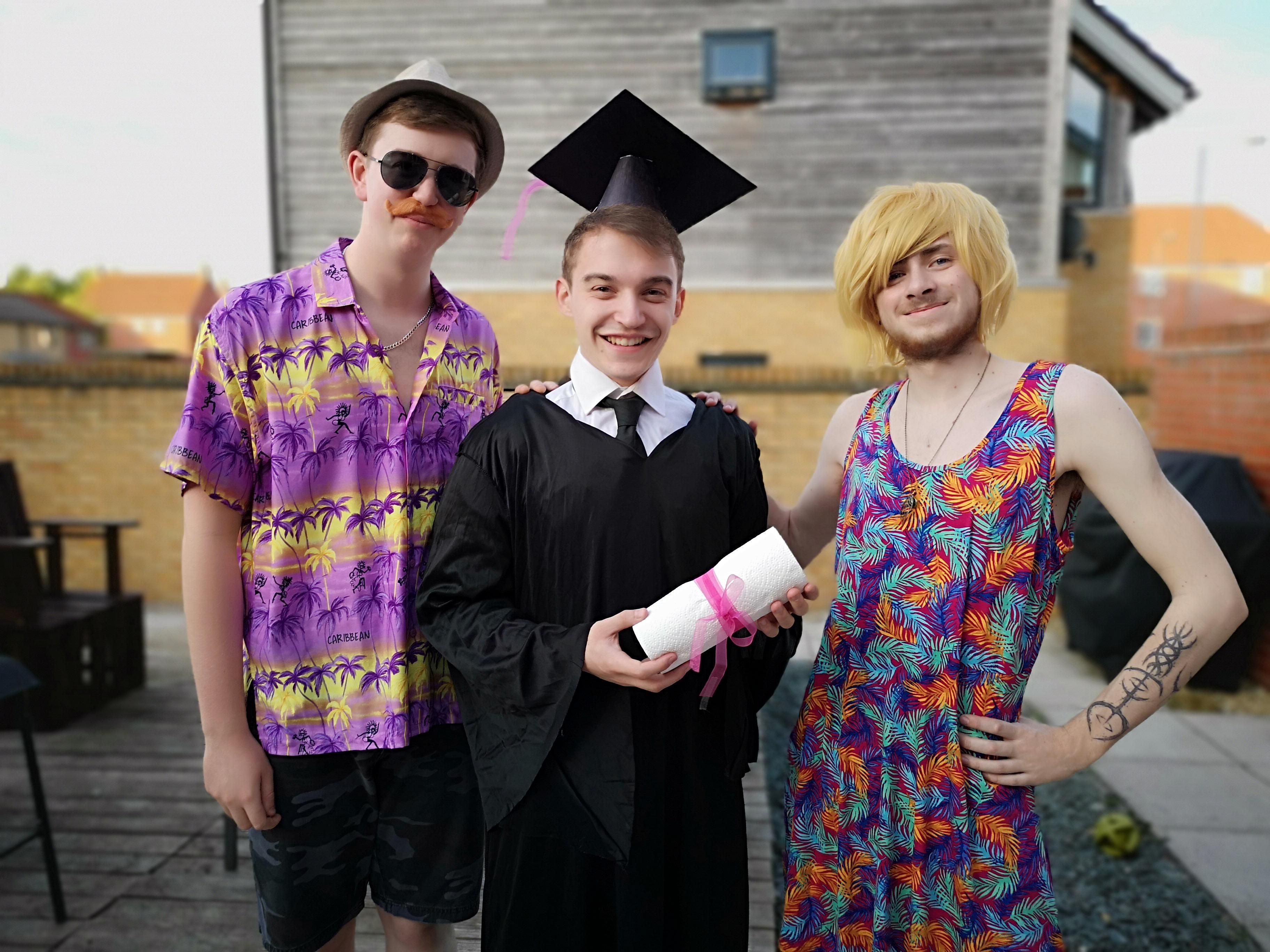 My mate wasn't going to his graduation due to his parent being away. So we took a budget graduation photo and stepped in as "mum" and "dad"