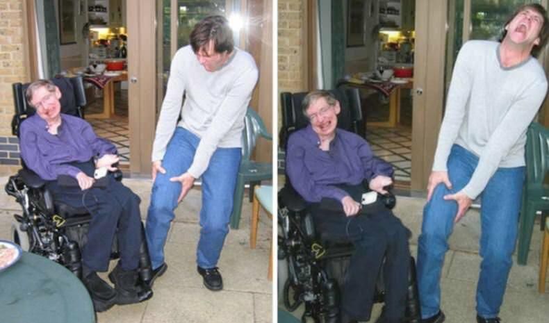 Stephen Hawking runs over Jim Carrey's foot with his wheelchair