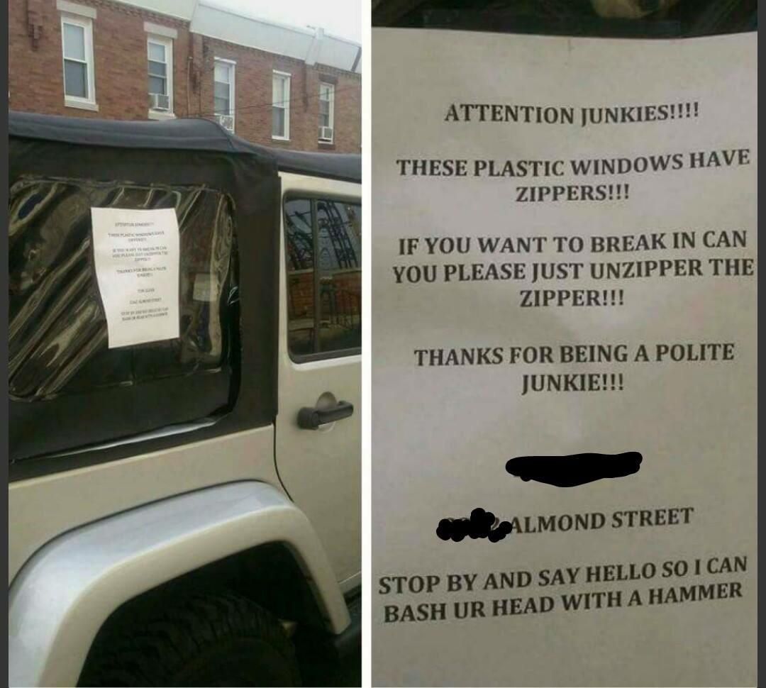 Jeep owner in Philly asks neighborhood junkies to please be more careful when they break in