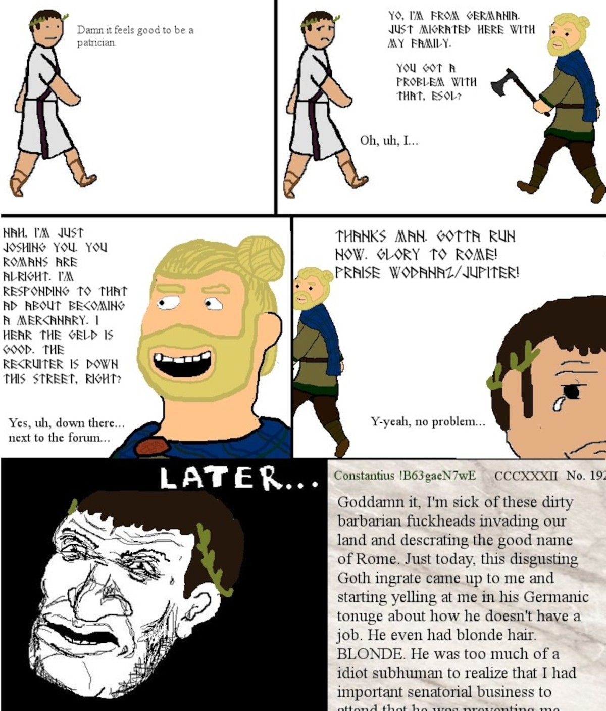 Patrician has a conversation with an immigrant
