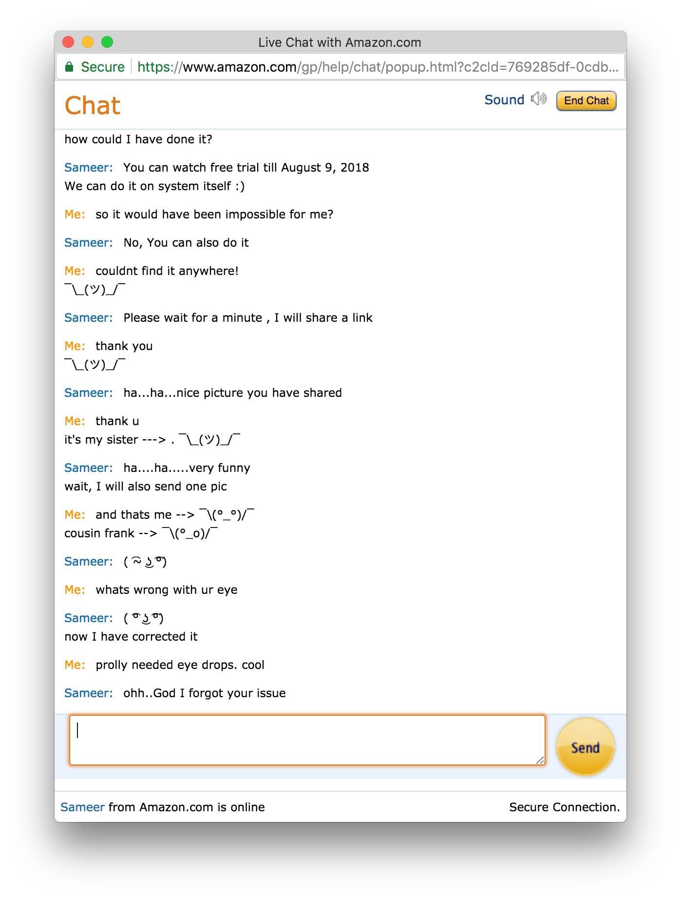 A ¯\__/¯ chat with amazon support today