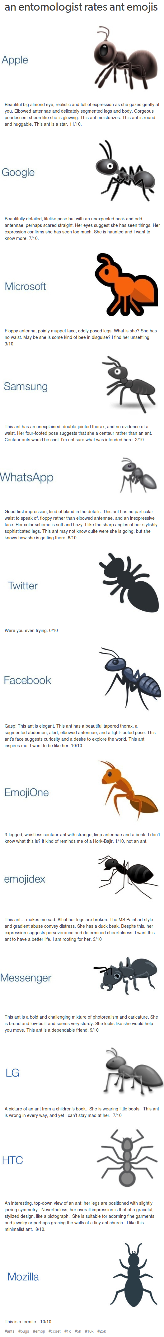 An entomologist rates the ant emojis