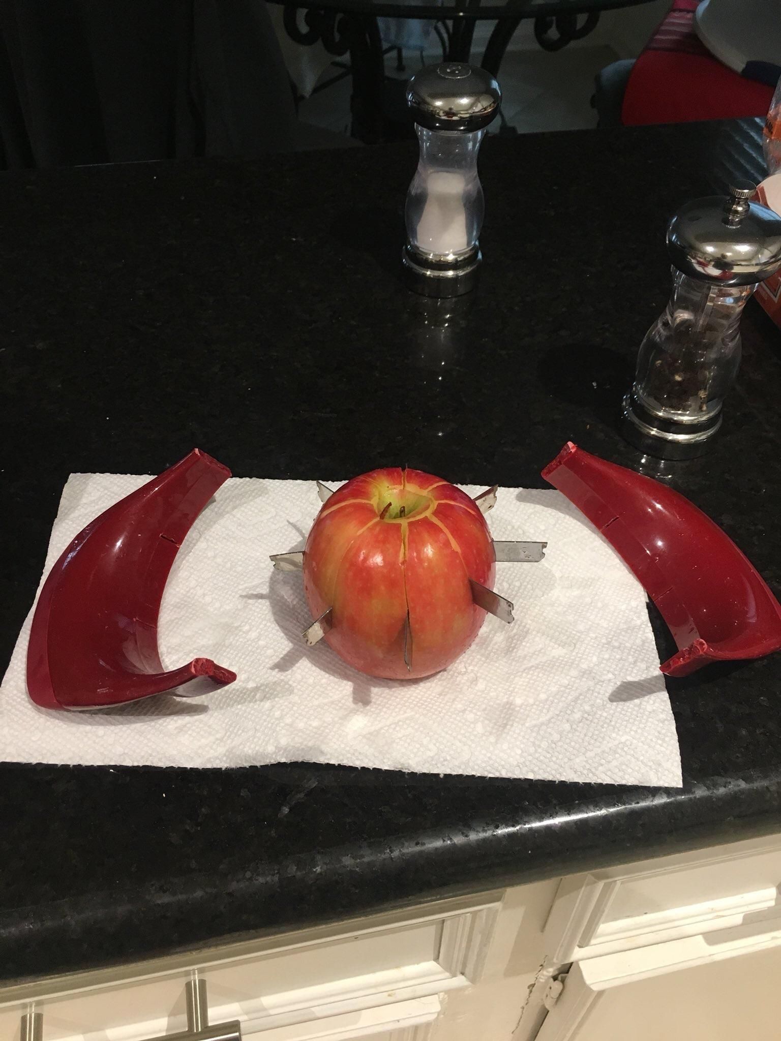 My apple broke the apple cutter and now I have a weapon.