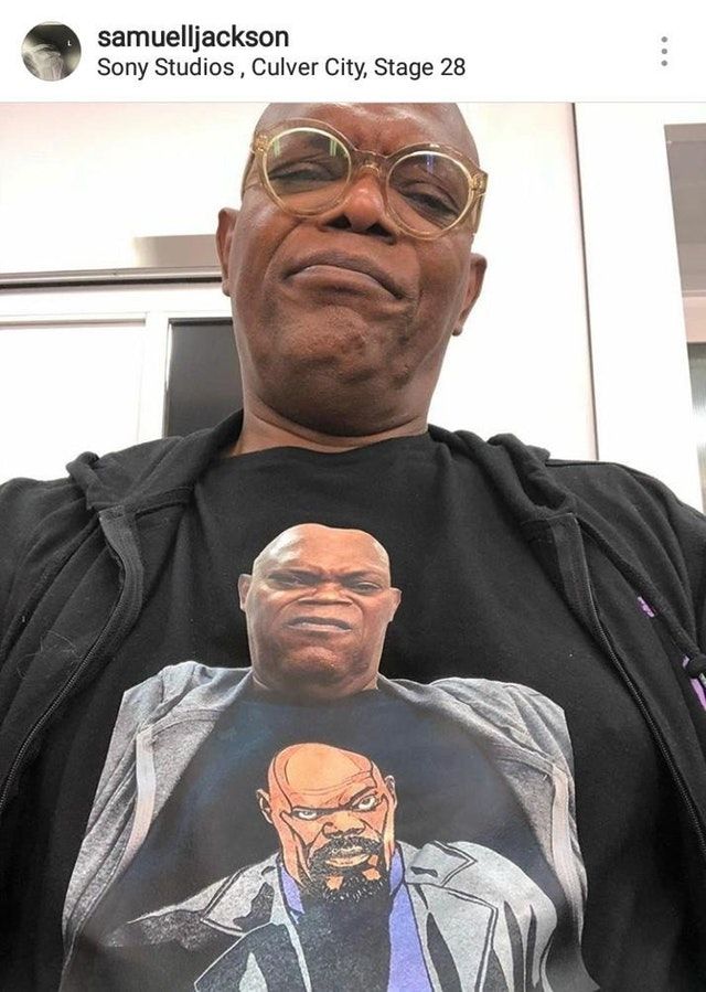 Samuel L. Jackson wearing a t-shirt of himself wearing a t-shirt of himself.