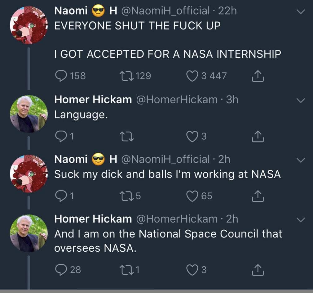 Furry gets accepted to NASA internship. Unknowingly tells member of National Space Council to suck his dick when told to watch his language.