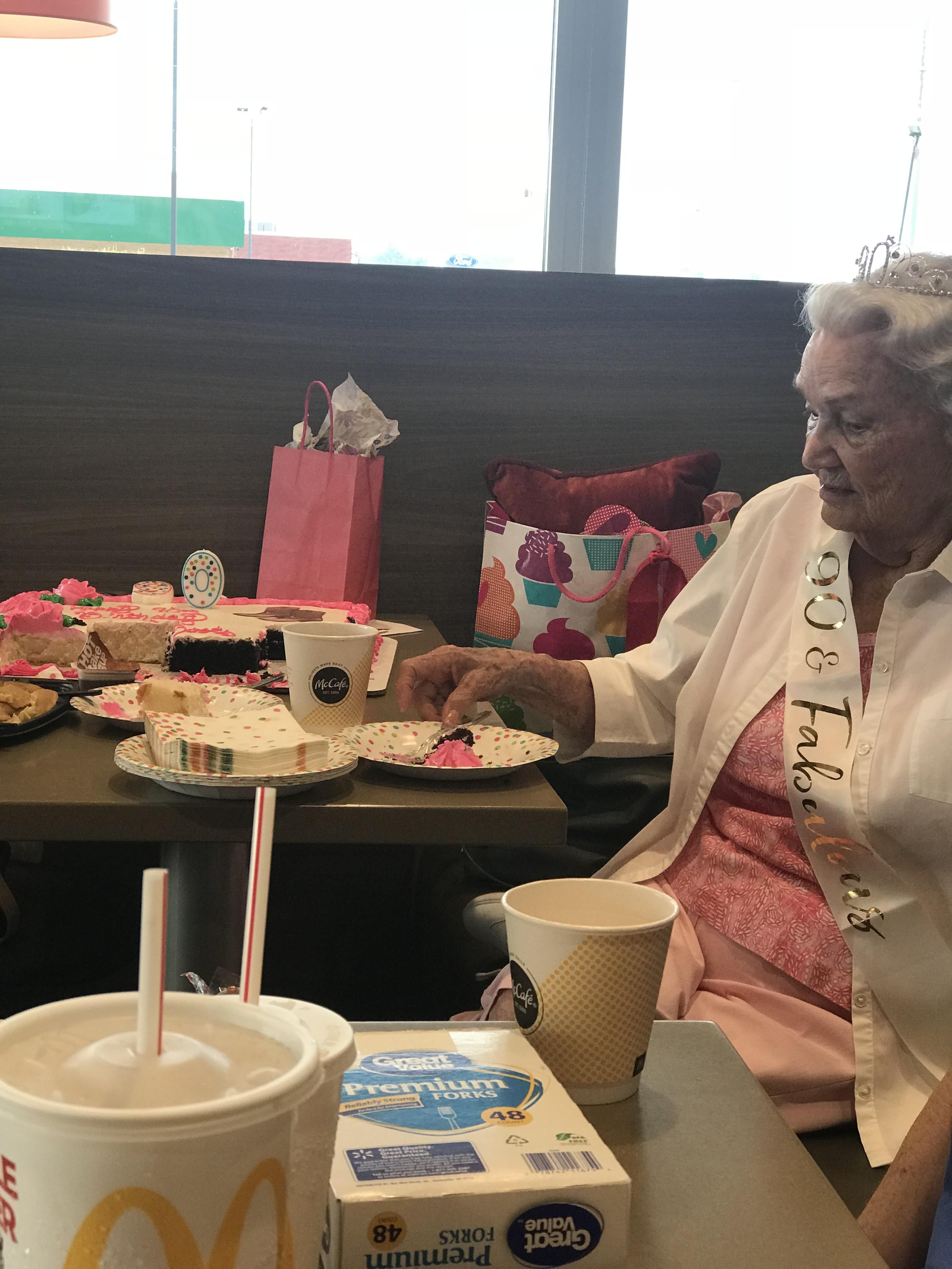 My grandma turned 90 today. Every morning she goes to the MacDonalds for coffee and they had a party for her.