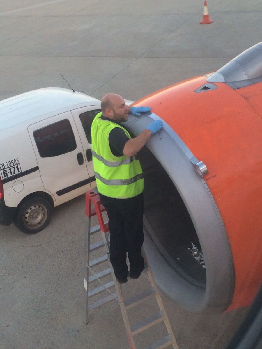 Ladies and gentlemen, we will depart just as soon as our mechanic finishes taping our engine back together!