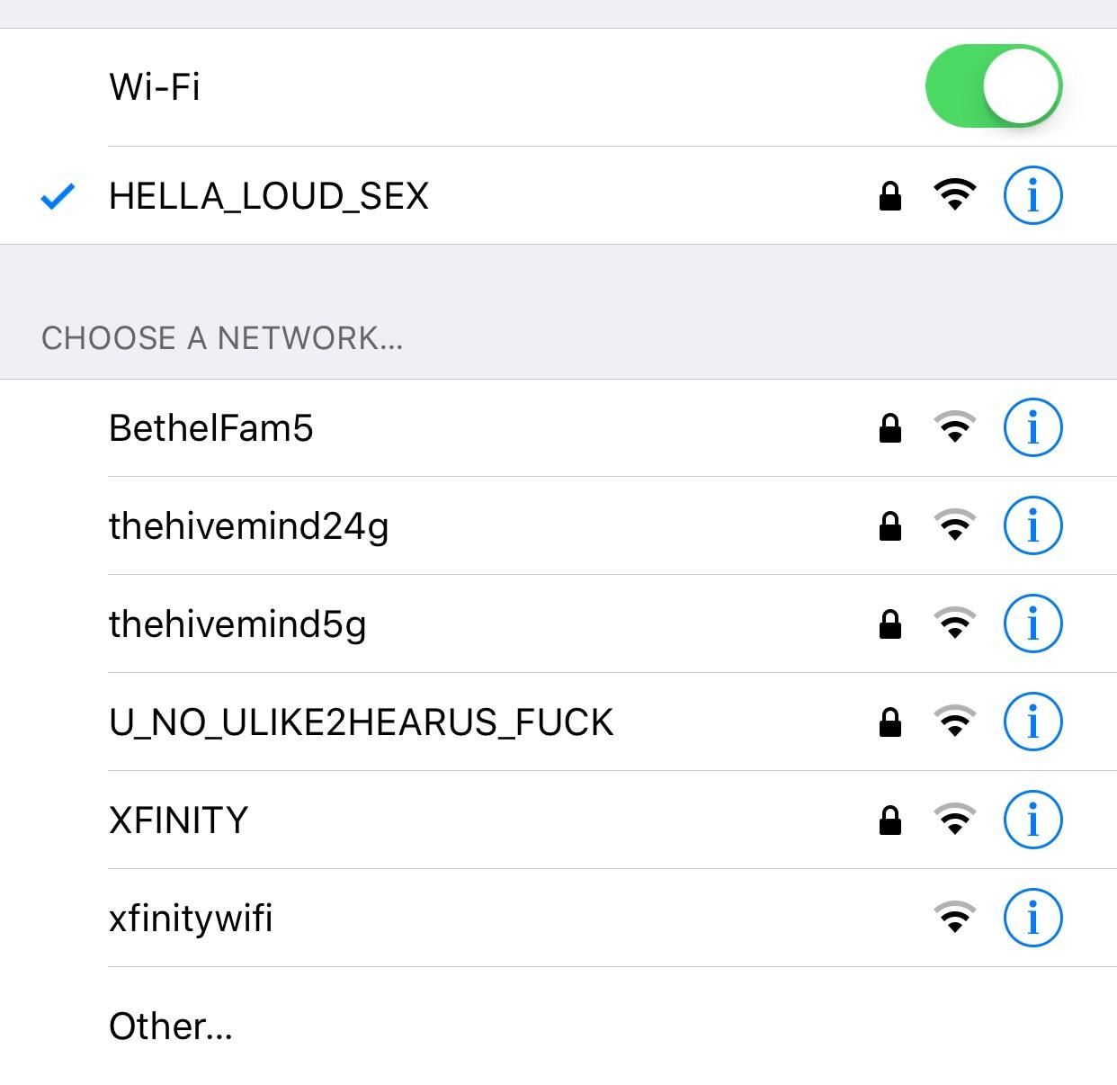 Neighbors have loud sex. Call them out with WiFi network. They respond. Hilarity ensues.