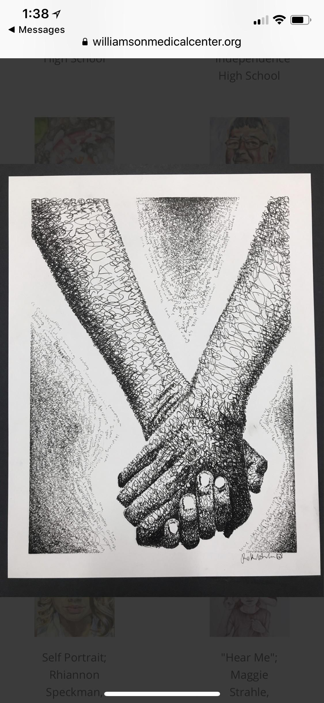 My daughter was a finalist in a local art contest for high schoolers. The entire drawing was made from her writing various words and phrases in cursive. The word “butthole” occurs 54 times.