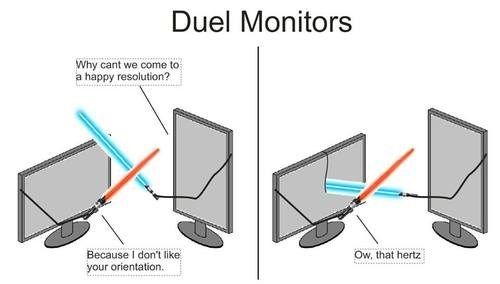 A customer submitted a ticket requesting "Duel Monitors" today, I responded to the ticket with this image